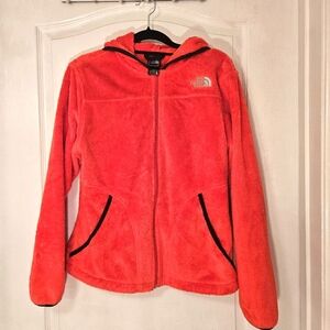 The North Face pink and black fuzzy hoddie size Medium M with Zip front Zipper